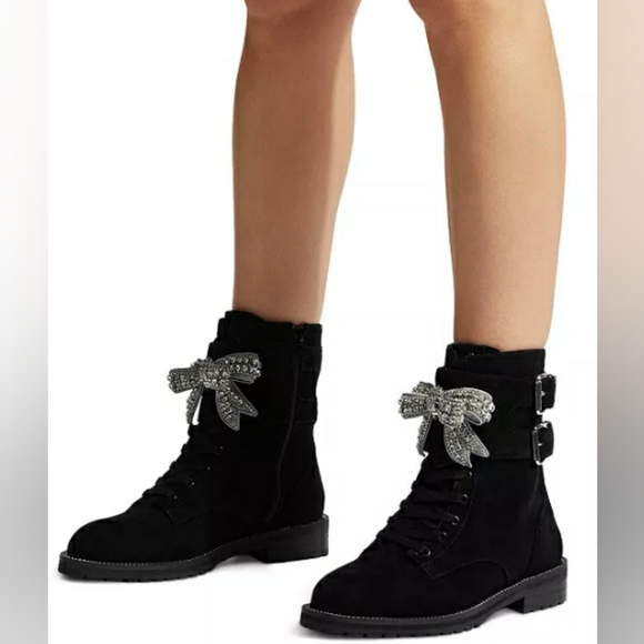 KURT GEIGER LONDON Women's Sutton Bow Suede Combat Boots - Picture 2 of 7